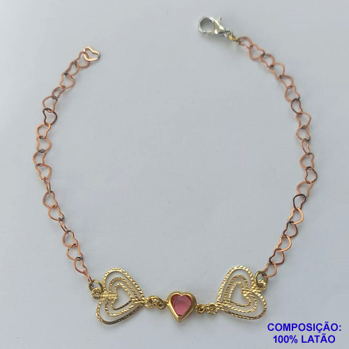 PULSEIRA NO BRUTO PRONTA PARA O BANHO - PULSEIRA CORAÇÕES VAZADOS - (CX.49)  TAMANHO 18CM - PESO 2,6GR - FECHO LAGOSTA - BRU14491