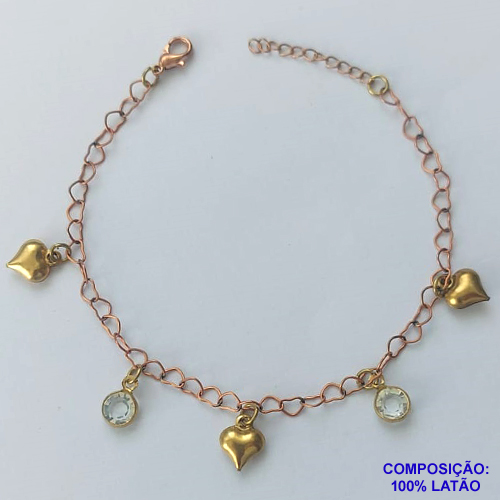 PULSEIRA NO BRUTO PRONTA PARA O BANHO -(CX.49)  PULSEIRA COM CORAÇÕES E CRISTAIS - TAMANHO 18CM - PESO 3,3GR - FECHO LAGOSTA - BRU14493