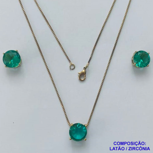 CONJUNTO NO BRUTO PRONTO PARA O BANHO - CORRENTE VENEZIANA 45CM E PINGENTE E BRINCOS COM BASE EM ALTA FUSÃO E ZIRCÔNIA VERDE 10X10MM - PESO TOTAL 5,5GR - BRU14498