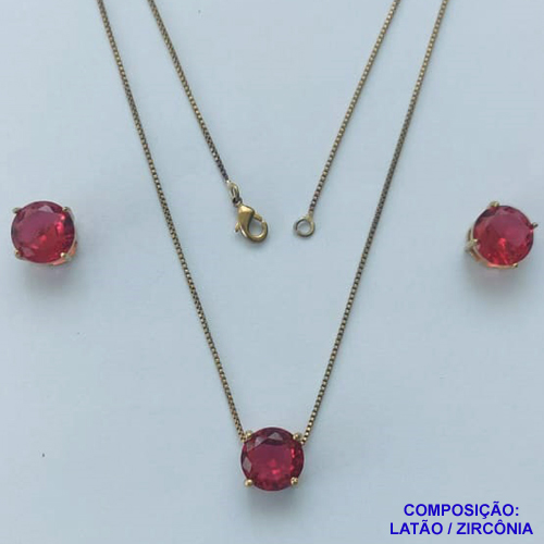 CONJUNTO NO BRUTO PRONTO PARA O BANHO - CORRENTE VENEZIANA 45CM E PINGENTE E BRINCOS COM BASE EM ALTA FUSÃO E ZIRCÔNIA VERMELHA 10X10MM - PESO TOTAL 5,5GR - BRU14499