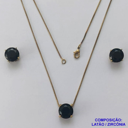 CONJUNTO NO BRUTO PRONTO PARA O BANHO - CORRENTE VENEZIANA 45CM E PINGENTE E BRINCOS COM BASE EM ALTA FUSÃO E ZIRCÔNIA PRETA 10X10MM - PESO TOTAL 5,5GR - BRU14501