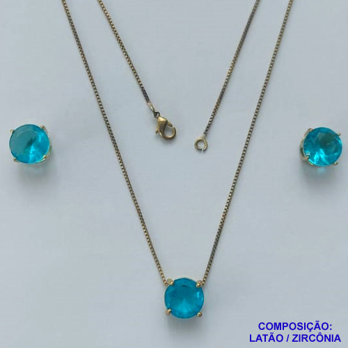 CONJUNTO NO BRUTO PRONTO PARA O BANHO - CORRENTE VENEZIANA 45CM E PINGENTE E BRINCOS COM BASE EM ALTA FUSÃO E ZIRCÔNIA AZUL 10X10MM - PESO TOTAL 5,5GR - BRU14502