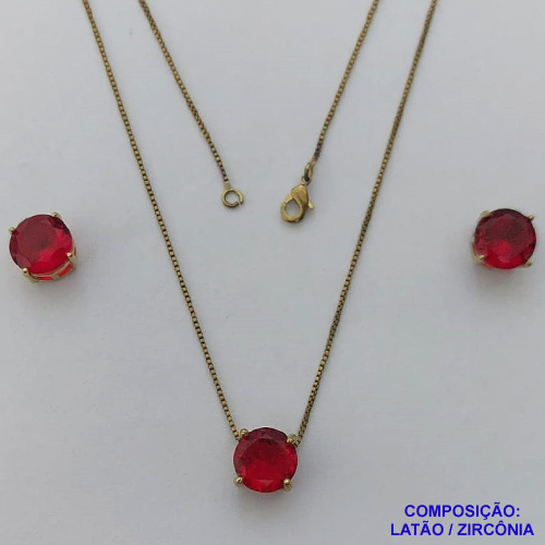 CONJUNTO NO BRUTO PRONTO PARA O BANHO - CORRENTE VENEZIANA 45CM E PINGENTE E BRINCOS COM BASE EM ALTA FUSÃO E ZIRCÔNIA VERMELHA 10X10MM - PESO TOTAL 5,5GR - BRU14505