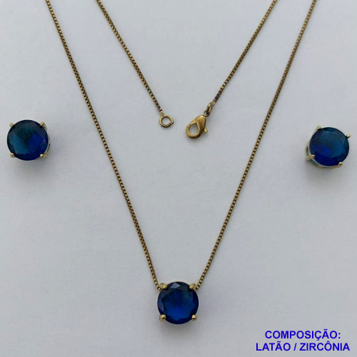 CONJUNTO NO BRUTO PRONTO PARA O BANHO - CORRENTE VENEZIANA 45CM E PINGENTE E BRINCOS COM BASE EM ALTA FUSÃO E ZIRCÔNIA AZUL ESCURA 10X10MM - PESO TOTAL 5,5GR - BRU14506