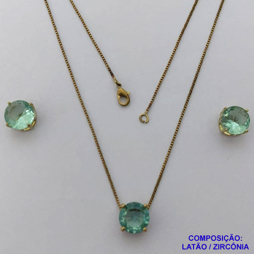 CONJUNTO NO BRUTO PRONTO PARA O BANHO - CORRENTE VENEZIANA 45CM E PINGENTE E BRINCOS COM BASE EM ALTA FUSÃO E ZIRCÔNIA VERDE CLARA 10X10MM - PESO TOTAL 5,5GR - BRU14507