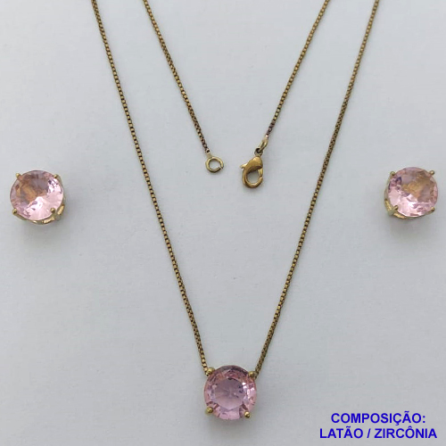 CONJUNTO NO BRUTO PRONTO PARA O BANHO - CORRENTE VENEZIANA 45CM E PINGENTE E BRINCOS COM BASE EM ALTA FUSÃO E ZIRCÔNIA ROSA 10X10MM - PESO TOTAL 5,5GR - BRU14508