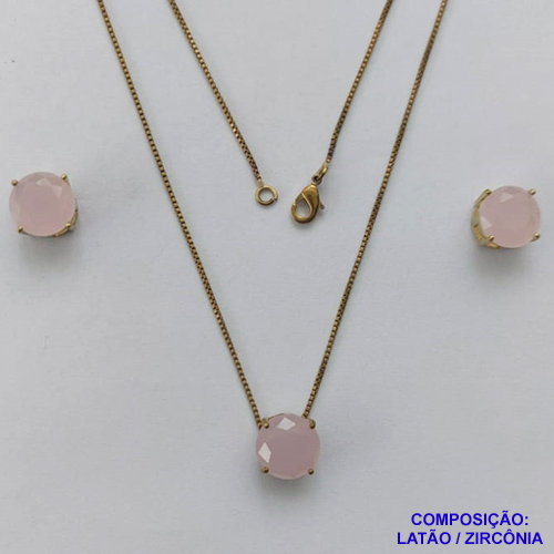 CONJUNTO NO BRUTO PRONTO PARA O BANHO - CORRENTE VENEZIANA 45CM E PINGENTE E BRINCOS COM BASE EM ALTA FUSÃO E ZIRCÔNIA ROSA LEITOSA 10X10MM - PESO TOTAL 5,5GR - BRU14510