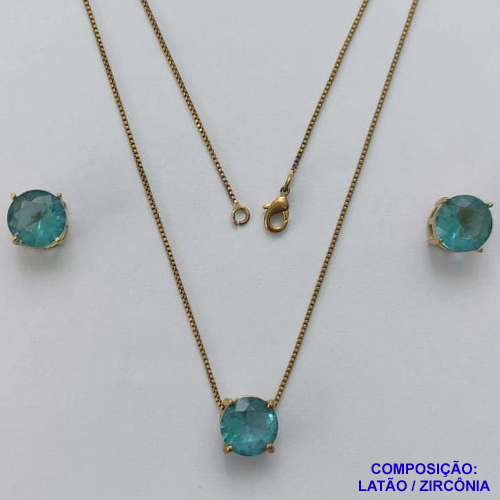CONJUNTO NO BRUTO PRONTO PARA O BANHO - CORRENTE VENEZIANA 45CM E PINGENTE E BRINCOS COM BASE EM ALTA FUSÃO E ZIRCÔNIA AZUL CLARA 10X10MM - PESO TOTAL 5,5GR - BRU14514