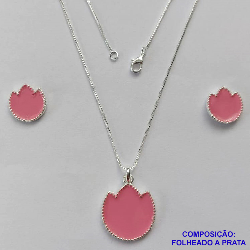 CONJUNTO FOLHEADO A PRATA COM 50 MILÉSIMOS + VERNIZ DIAMOND - CONJUNTO COM CORRENTE VENEZIANA 45CM - BRINCOS DE PINO FLOR ESMALTADA 14MM E PINGENTE EM FLOR ESMALTADA ROSA 20MM - PRA222