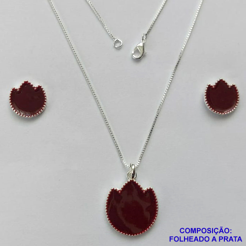 CONJUNTO FOLHEADO A PRATA COM 50 MILÉSIMOS + VERNIZ DIAMOND - CONJUNTO COM CORRENTE VENEZIANA 45CM - BRINCOS DE PINO FLOR ESMALTADA 14MM E PINGENTE EM FLOR ESMALTADA VERMELHO ESCURO 20MM - PRA226