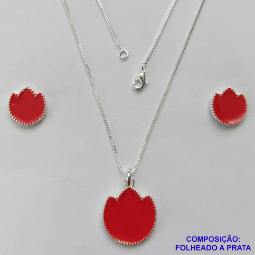 CONJUNTO FOLHEADO A PRATA COM 50 MILÉSIMOS + VERNIZ DIAMOND - CONJUNTO COM CORRENTE VENEZIANA 45CM - BRINCOS DE PINO FLOR ESMALTADA 14MM E PINGENTE EM FLOR ESMALTADA VERMELHO 20MM - PRA227