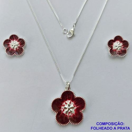 CONJUNTO FOLHEADO A PRATA COM 50 MILÉSIMOS + VERNIZ DIAMOND - CONJUNTO COM CORRENTE VENEZIANA 45CM - BRINCOS DE PINO FLOR ESMALTADA 15MM E PINGENTE EM FLOR ESMALTADA VERMELHO E BRANCO 23MM - PRA228