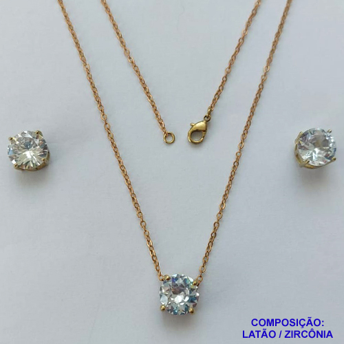 CONJUNTO NO BRUTO PRONTO PARA O BANHO - CORRENTE CADEADO 45CM E PINGENTE E BRINCOS COM BASE EM ALTA FUSÃO E ZIRCÔNIA CRISTAL 10X10MM - PESO TOTAL 7,1GR - BRU14518