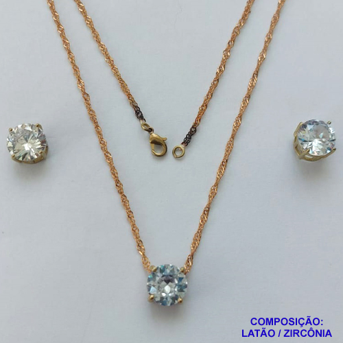 CONJUNTO NO BRUTO PRONTO PARA O BANHO - CORRENTE SINGAPURA 45CM E PINGENTE E BRINCOS COM BASE EM ALTA FUSÃO E ZIRCÔNIA CRISTAL 10X10MM - PESO TOTAL 7,1GR - BRU14519