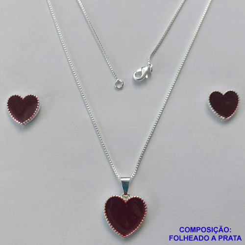 CONJUNTO FOLHEADO A PRATA COM 50 MILÉSIMOS + VERNIZ DIAMOND - CONJUNTO COM CORRENTE VENEZIANA 45CM - BRINCOS DE PINO CORAÇÃO ESMALTADO 11MM E PINGENTE EM CORAÇÃO ESMALTADO VERMELHO ESCURO 15MM - PRA229