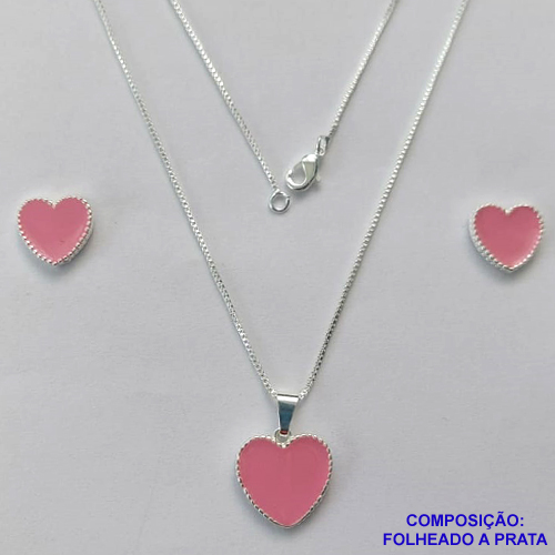 CONJUNTO FOLHEADO A PRATA COM 50 MILÉSIMOS + VERNIZ DIAMOND - CONJUNTO COM CORRENTE VENEZIANA 45CM - BRINCOS DE PINO CORAÇÃO ESMALTADO 11MM E PINGENTE EM CORAÇÃO ESMALTADO ROSA 15MM - PRA230
