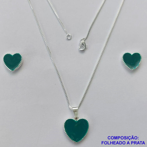 CONJUNTO FOLHEADO A PRATA COM 50 MILÉSIMOS + VERNIZ DIAMOND - CONJUNTO COM CORRENTE VENEZIANA 45CM - BRINCOS DE PINO CORAÇÃO ESMALTADO 11MM E PINGENTE EM CORAÇÃO ESMALTADO VERDE 15MM - PRA231