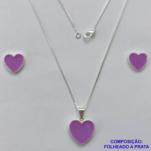 CONJUNTO FOLHEADO A PRATA COM 50 MILÉSIMOS + VERNIZ DIAMOND - CONJUNTO COM CORRENTE VENEZIANA 45CM - BRINCOS DE PINO CORAÇÃO ESMALTADO 11MM E PINGENTE EM CORAÇÃO ESMALTADO LILÁS 15MM - PRA232