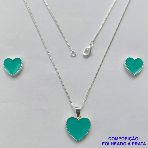 CONJUNTO FOLHEADO A PRATA COM 50 MILÉSIMOS + VERNIZ DIAMOND - CONJUNTO COM CORRENTE VENEZIANA 45CM - BRINCOS DE PINO CORAÇÃO ESMALTADO 11MM E PINGENTE EM CORAÇÃO ESMALTADO VERDE CLARO 15MM - PRA235