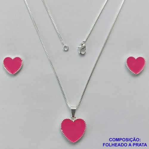 CONJUNTO FOLHEADO A PRATA COM 50 MILÉSIMOS + VERNIZ DIAMOND - CONJUNTO COM CORRENTE VENEZIANA 45CM - BRINCOS DE PINO CORAÇÃO ESMALTADO 11MM E PINGENTE EM CORAÇÃO ESMALTADO PINK 15MM - PRA236