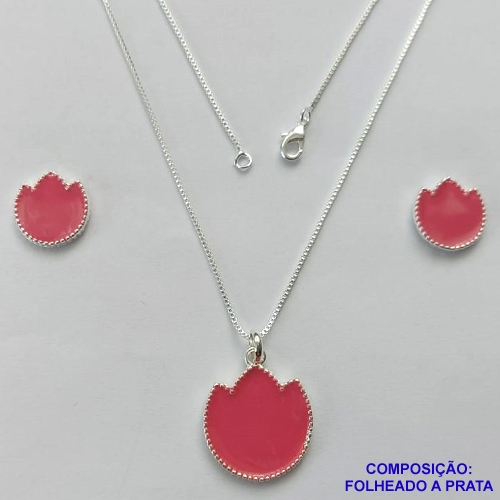 CONJUNTO FOLHEADO A PRATA COM 50 MILÉSIMOS + VERNIZ DIAMOND - CONJUNTO COM CORRENTE VENEZIANA 45CM - BRINCOS DE PINO FLOR ESMALTADA 14MM E PINGENTE EM FLOR ESMALTADA ROSA 20MM - PRA238