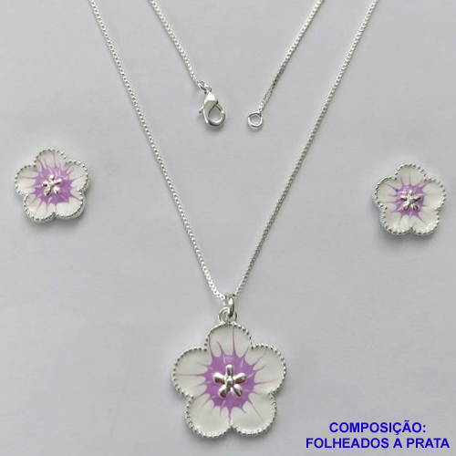 CONJUNTO FOLHEADO A PRATA COM 50 MILÉSIMOS + VERNIZ DIAMOND - CONJUNTO COM CORRENTE VENEZIANA 45CM - BRINCOS DE PINO FLOR ESMALTADA 15MM E PINGENTE EM FLOR ESMALTADA BRANCA / LILÁS  22MM - PRA239