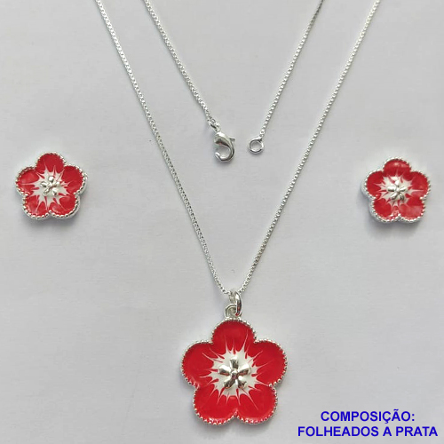 CONJUNTO FOLHEADO A PRATA COM 50 MILÉSIMOS + VERNIZ DIAMOND - CONJUNTO COM CORRENTE VENEZIANA 45CM - BRINCOS DE PINO FLOR ESMALTADA 15MM E PINGENTE EM FLOR ESMALTADA VERMELHA / BRANCA 22MM - PRA243