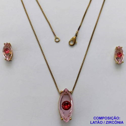 CONJUNTO NO BRUTO PRONTO PARA O BANHO(CX114) - CORRENTE VENEZIANA 45CM E PINGENTE E BRINCOS COM BASE EM ALTA FUSÃO E ZIRCÔNIAS ROSAS 10X20MM - PESO TOTAL 6,8GR - BRU14570