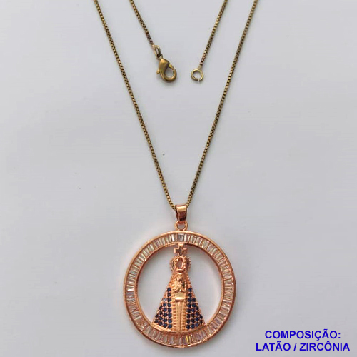 GARGANTILHA NO BRUTO PRONTO PARA O BANHO - CX.46)  GARGANTILHA COM CORRENTE VENEZIANA 45CM E PINGENTE REDONDO NOSSA SRA APARECIDA CRAVEJADA EM MICROS  ZIRCÔNIAS 28MM - PESO TOTAL 5,9GR - BRU14571
