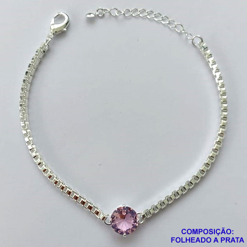 PULSEIRA FOLHEADA A PRATA COM 50 MILÉSIMOS + VERNIZ DIAMOND - PULSEIRA COM CORRENTE QUADRADINHA 3MM COM PEDRA EM ZIRCÔNIA REDONDA 10X10MM - TAMANHO: 18CM + EXTENSOR E FECHO LAGOSTA (ESCOLHA A COR) PRA245