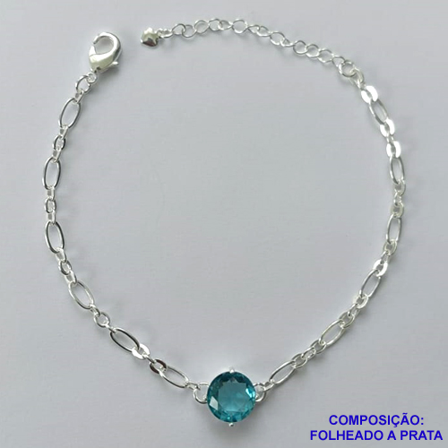 PULSEIRA FOLHEADA A PRATA COM 50 MILÉSIMOS + VERNIZ DIAMOND - PULSEIRA COM PEDRA EM ZIRCÔNIA REDONDA 10X10MM - TAMANHO: 18CM + EXTENSOR E FECHO LAGOSTA (ESCOLHA A COR) PRA246