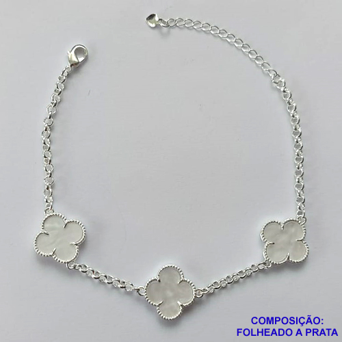 PULSEIRA FOLHEADA A PRATA COM 50 MILÉSIMOS + VERNIZ DIAMOND - PULSEIRA COM TREVOS TIPO VAN CLEEF EM MADRA PÉROLA 15MM - TAMANHO: 18CM + EXTENSOR E FECHO LAGOSTA - PRA249