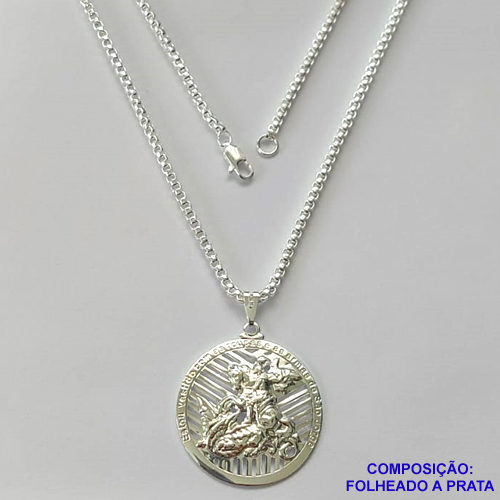 GARGANTILHA FOLHEADA A PRATA COM 50 MILÉSIMOS + VERNIZ DIAMOND - CORDÃO COM CORRENTE 3MM - TAMANHO: 60CM E FECHO LAGOSTA E PINGENTE MEDALHA REDONDA SÃO JORGE 35MM - PRA251