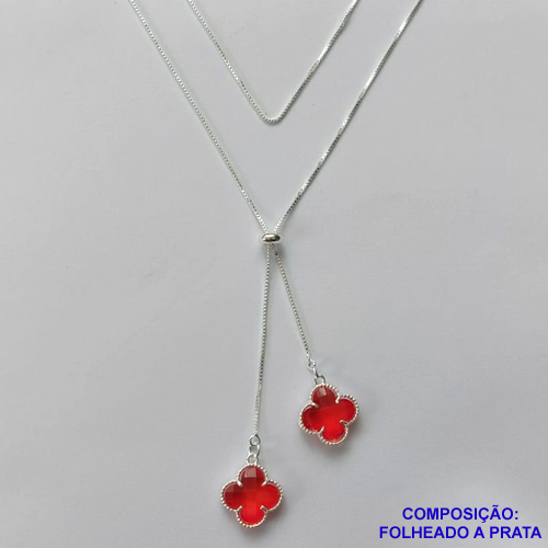 GARGANTILHA FOLHEADA A PRATA COM 50 MILÉSIMOS + VERNIZ DIAMOND - GARGANTILHA GRAVATINHA (REGULÁVEL) 70CM COM PINGENTES TIPO VAN CLEEF VERMELHO EM VIDROS 15MM - PRA252