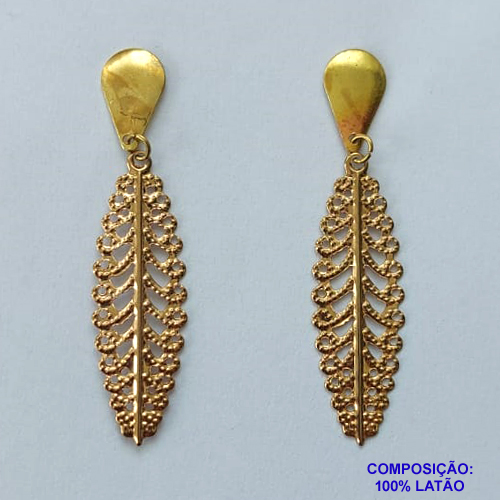 BRINCO NO BRUTO PRONTO PARA O BANHO - (CX.129)  BRINCO DE PINO COM PIINGENTE FOLHA VAZADA 11X35MM - PESO TOTAL 1,1GR - BRU14578