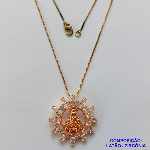 GARGANTILHA NO BRUTO PRONTA PARA O BANHO - (CX.46)  GARGANTILHA COM CORRENTE VENEZIANA 45CM E PINGENTE NOSSA SRA APARECIDA CRAVEJADO EM ZIRCÔNIAS 30MM - PESO TOTAL 7,2GR - BRU14580