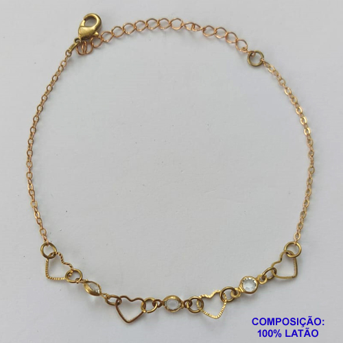 PULSEIRA NO BRUTO PRONTA PARA O BANHO - (CX.117)  PULSEIRA COM CORAÇÕES VAZADOS E STRASS CRISTAIS - TAMANHO 18CM + EXTENSOR - PESO TOTAL 1,8GR - BRU14583