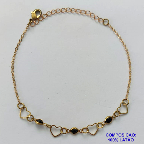PULSEIRA NO BRUTO PRONTA PARA O BANHO - (CX.117)  PULSEIRA COM CORAÇÕES VAZADOS E STRASS PRETOS - TAMANHO 18CM + EXTENSOR - PESO TOTAL 1,8GR - BRU14585