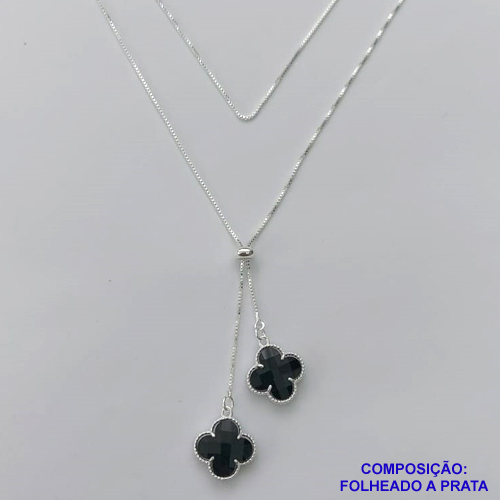 GARGANTILHA FOLHEADA A PRATA COM 50 MILÉSIMOS + VERNIZ DIAMOND - GARGANTILHA GRAVATINHA (REGULÁVEL) 70CM COM PINGENTES TIPO VAN CLEEF PRETO EM VIDROS 15MM - PRA253