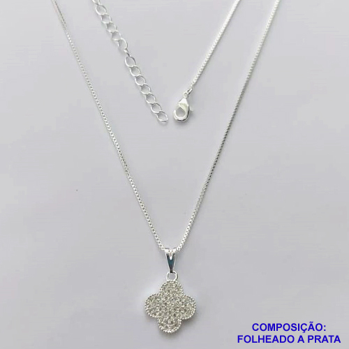 GARGANTILHA FOLHEADA A PRATA COM 50 MILÉSIMOS + VERNIZ DIAMOND - GARGANTILHA CORRENTE VENEZIANA 45CM + EXTENSOR COM PINGENTE TIPO VAN CLEEF CRAVEJADO EM MICROS ZIRCÔNIAS 13MM - PRA254