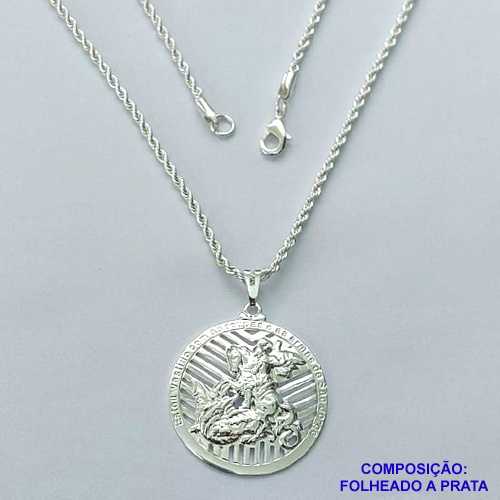 GARGANTILHA FOLHEADA A PRATA COM 50 MILÉSIMOS + VERNIZ DIAMOND - GARGANTILHA CORRENTE CORDÃO BAIANO 60CM PINGENTE MEDALHA REDONDA SÃO JORGE DETALHES VAZADOS 35MM E FECHO LAGOSTA - PRA259