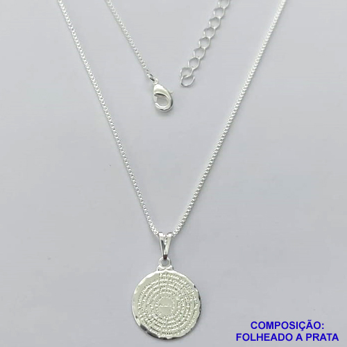 GARGANTILHA FOLHEADA A PRATA COM 50 MILÉSIMOS + VERNIZ DIAMOND - GARGANTILHA CORRENTE VENEZIANA 45CM + EXTENSOR E PINGENTE MEDALHA REDONDA ORAÇÃO PAI NOSSO 14MM E FECHO LAGOSTA - PRA260