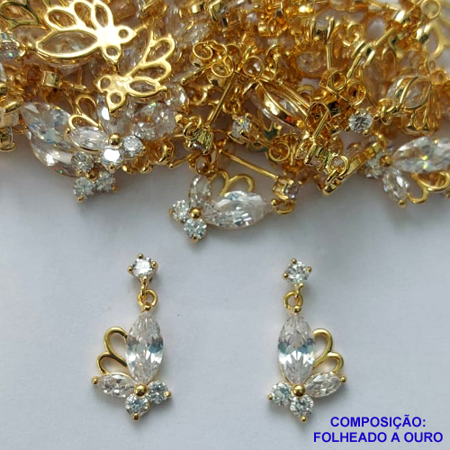 BRINCO FOLHEADO A OURO - BANHADO COM 5 MILÉSIMOS + VERNIZ DIAMOND - BRINCO DE PINO COM FLOR COM PEDRAS EM ZIRCÔNIAS 17MM - OURO283