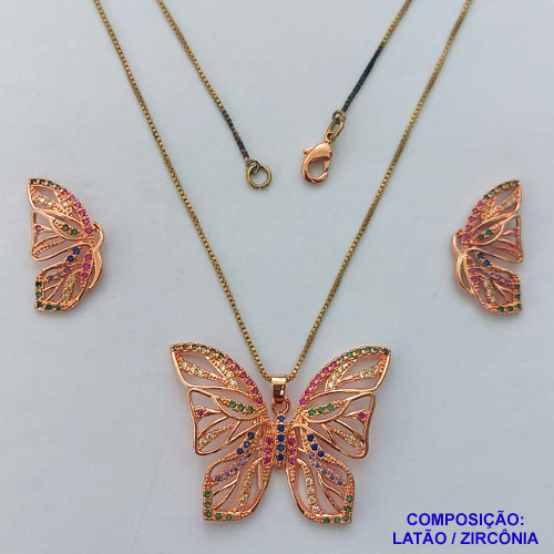 CONJUNTO NO BRUTO PRONTO PARA O BANHO -  (CX.46) CONJUNTO COM CORRENTE VENEZIANA 45CM E BRINCOS DE PINO E PINGENTE BORBOLETA TODA CRAVEJADA EM MICROS ZIRCÔNIAS COLORIDAS 28X36MM - PESO TOTAL 10,5GR - BRU14588
