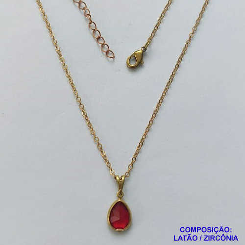 GARGANTILHA NO BRUTO PRONTA PARA O BANHO - GARGANTILHA COM CORRENTE CADEADO 45CM E PINGENTE EM ZIRCÔNIA GOTA VERMELHA 8X10MM - PESO TOTAL 2,2GR - BRU14597