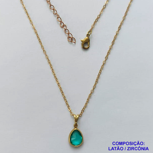 GARGANTILHA NO BRUTO PRONTA PARA O BANHO - GARGANTILHA COM CORRENTE CADEADO 45CM E PINGENTE EM ZIRCÔNIA GOTA VERDE 8X10MM - PESO TOTAL 2,2GR - BRU14598