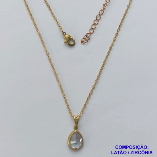 GARGANTILHA NO BRUTO PRONTA PARA O BANHO - GARGANTILHA COM CORRENTE CADEADO 45CM E PINGENTE EM ZIRCÔNIA GOTA CRISTAL 8X10MM - PESO TOTAL 2,2GR - BRU14599