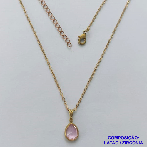 GARGANTILHA NO BRUTO PRONTA PARA O BANHO - GARGANTILHA COM CORRENTE CADEADO 45CM E PINGENTE EM ZIRCÔNIA GOTA ROSA 8X10MM - PESO TOTAL 2,2GR - BRU14601