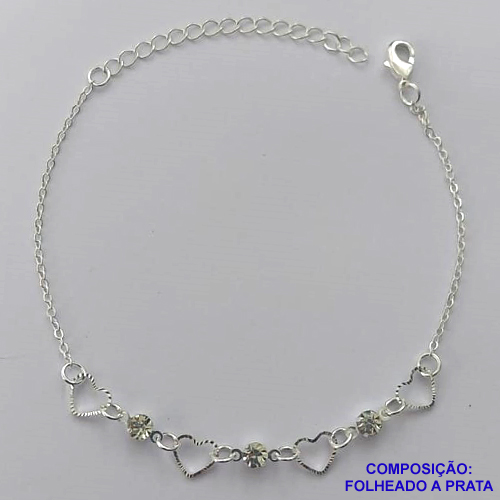 PULSEIRA FOLHEADA A PRATA COM 50 MILÉSIMOS + VERNIZ DIAMOND - PULSEIRA 18CM + EXTENSOR COM STRASS CRISTAIS E CORAÇÕES VAZADOS - PRA269