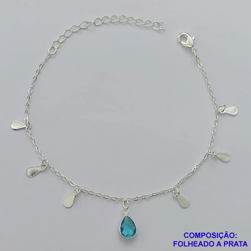 PULSEIRA FOLHEADA A PRATA COM 50 MILÉSIMOS + VERNIZ DIAMOND - PULSEIRA 18CM + EXTENSOR COM ELEMENTOS E PINGENTE ESTILO GOTA AZUL - PRA271
